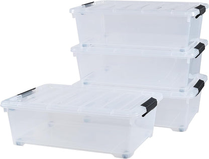 4 Pack 20 L Under Bed Plastic Latch Storage Totes with Wheels, Clear | Clear Under Bed Containers, Stackable Plastic Storage Bin with Lids for Garage, Closet, and Classroom