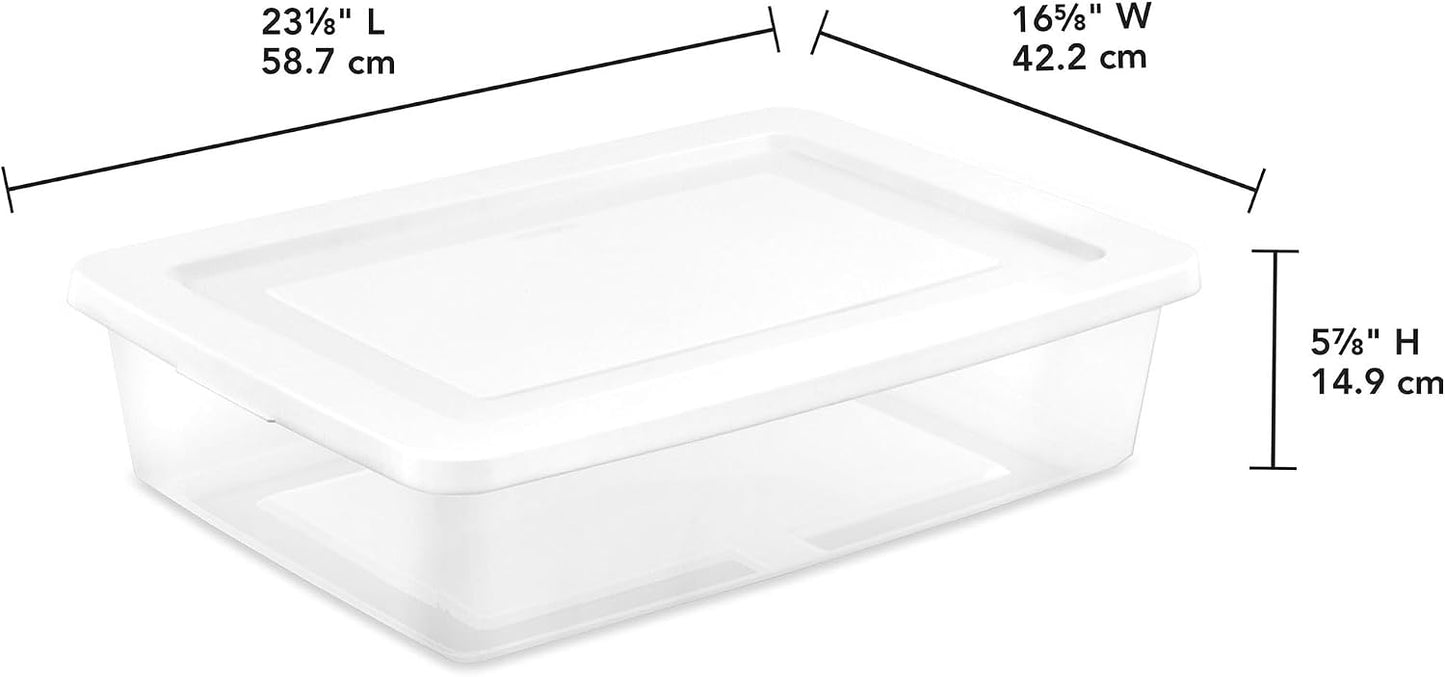 Sterilite 6 Pack Storage Box, 41 Quart Stackable Tote, Clear Plastic Container with Secure Snapping White Lids for Home and Office Organization