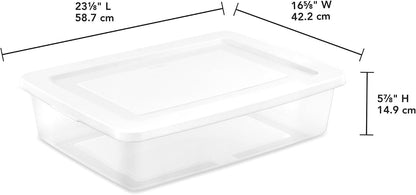 Sterilite 6 Pack Storage Box, 41 Quart Stackable Tote, Clear Plastic Container with Secure Snapping White Lids for Home and Office Organization