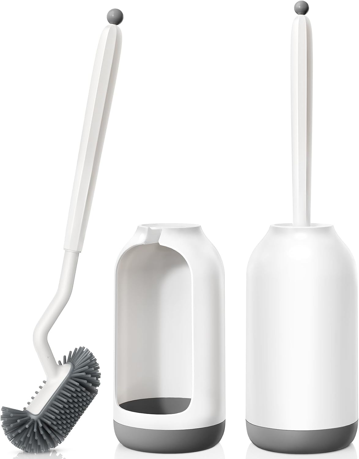 HAMITOR Toilet Bowl Brush Holder Set: Deep Cleaning Silicone Toilet Cleaner Scrubber Under Rim with Curved Bristle for Bathroom Dead Corner Clean - Modern Rv Toilet Decorative Accessories - White