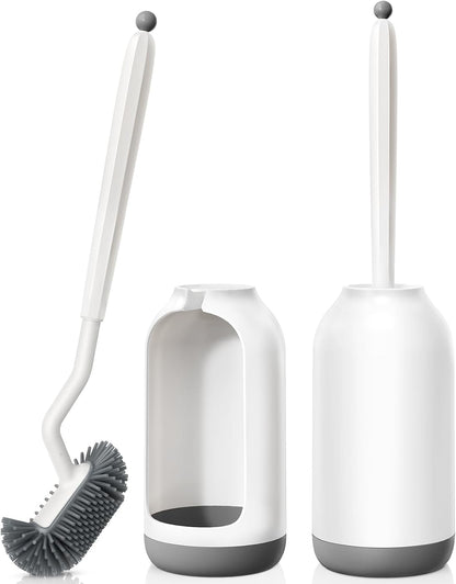 HAMITOR Toilet Bowl Brush Holder Set: Deep Cleaning Silicone Toilet Cleaner Scrubber Under Rim with Curved Bristle for Bathroom Dead Corner Clean - Modern Rv Toilet Decorative Accessories - White