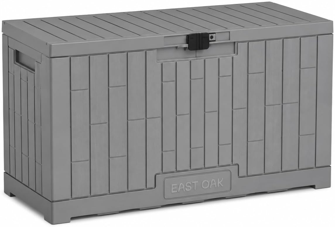 EAST OAK Outdoor Storage Box, 31 Gallon Deck Box Indoor and Outdoor Use, Waterproof Resin Storage Bin for Package Delivery, Patio Cushions, Gardening Tools, Lockable, UV Resistant, Grey