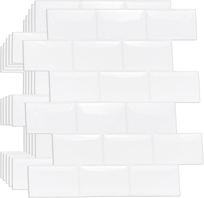 WALPLUS 20 Sheets Peel and Stick Kitchen Backsplash Tile Stickers Self Adhesive Stick on Subway Tile 12" x 6" Bathroom Splashback Water Heat Resistant 3D Wall Tiles Pure White Gray