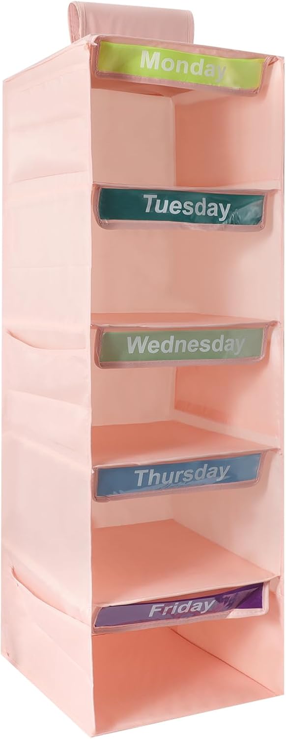 5-Shelf Weekly Clothes Organizer for Kids Days of The Week Hanging Storage Shelves Dorm Room Essential Daily Shelf Hanging Closet Organizer with 6 Side Pockets…