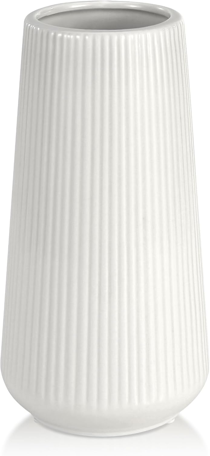 White Ceramic Vase, GUKJOB Small Cute Flower Vase for Pampas Grass, Home, Living Room, Dining Table, Farmhouse, Office Decor, Bedroom, Table, and Kitchen Shelf (White- 2PCS)