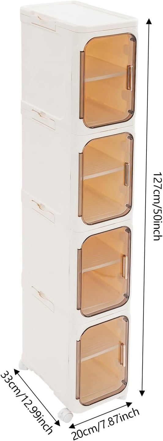4-Tier Stackable Narrow Storage Cabinet with Wheels and Doors,Slim Plastic Rolling Cart with Adjustable Shelves,Foldable Floor Cabinets for Small Space, Bathroom,Kitchen,Beige