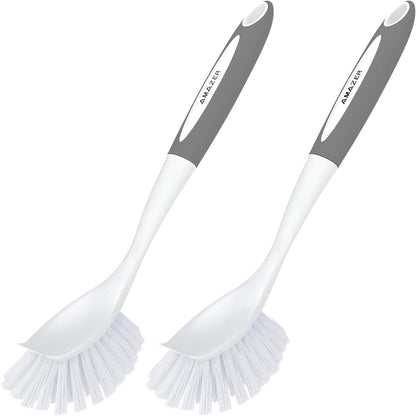Amazer Dish Brush with Handle, 2 Pack Kitchen Scrub Brushes for Cleaning, Dish Scrubber with Stiff Bristles for Sink, Pots, Pans