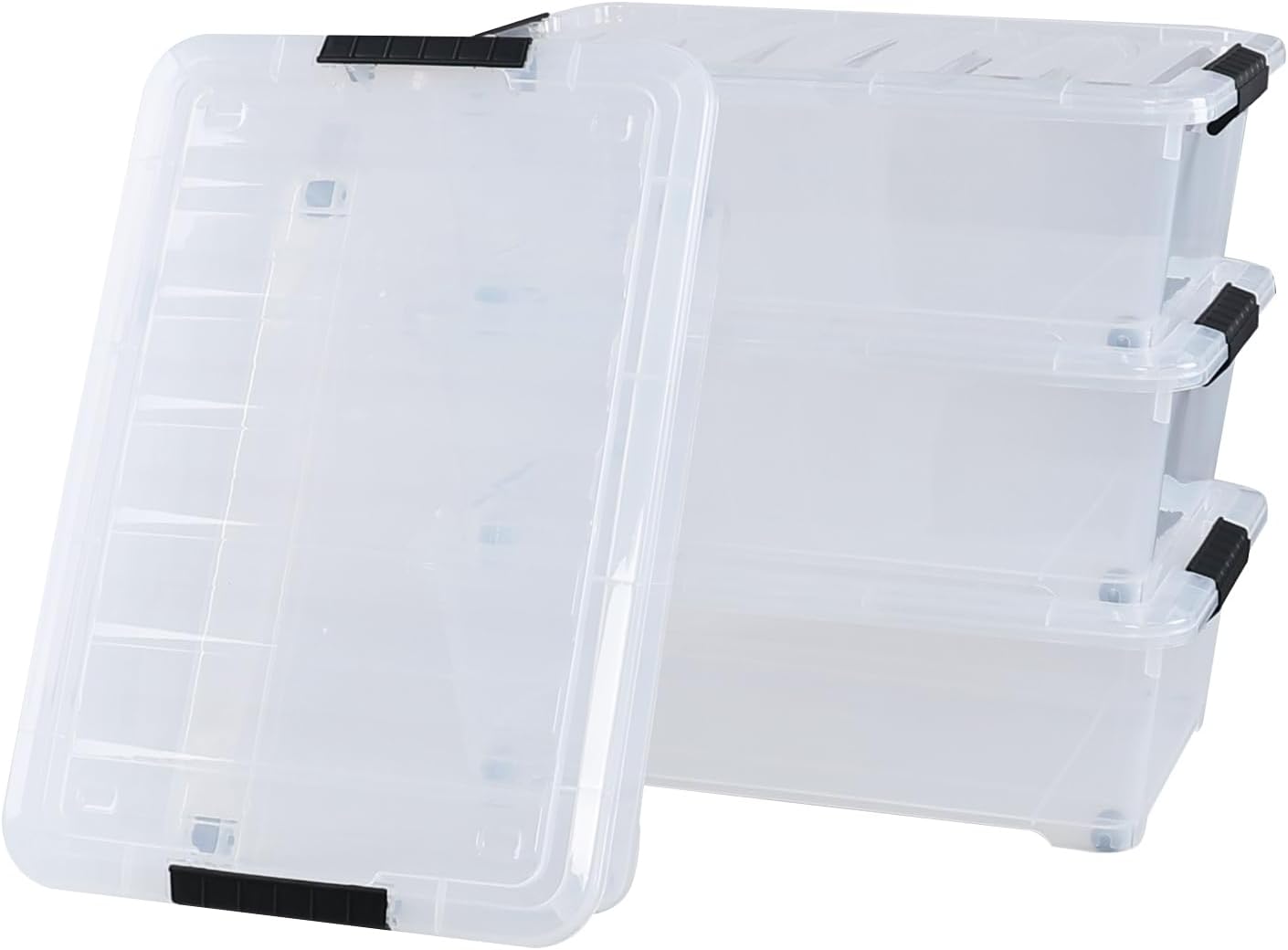 4 Pack 20 L Under Bed Plastic Latch Storage Totes with Wheels, Clear | Clear Under Bed Containers, Stackable Plastic Storage Bin with Lids for Garage, Closet, and Classroom