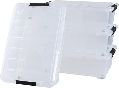 4 Pack 20 L Under Bed Plastic Latch Storage Totes with Wheels, Clear | Clear Under Bed Containers, Stackable Plastic Storage Bin with Lids for Garage, Closet, and Classroom