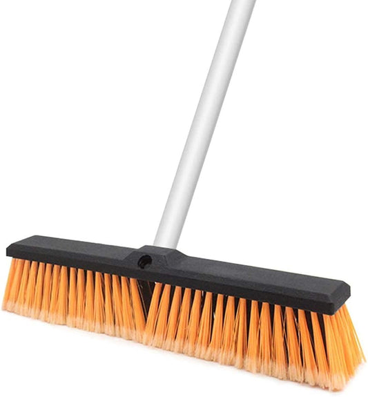 18 Inch Push Broom Brush Outdoor Heavy Duty Broom Stiff Bristles Commercial Outdoor Broom Brush for Cleaning Garage Driveway Yard Patio Deck Concrete Wood Stone Floor with 63" Long Handle