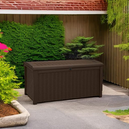 Keter Outdoor Storage Deck Box for Patio, Backyard & Garden, Borneo, 110 Gal, Grey - Lockable, Organizing, and Waterproof Plastic Container Bench
