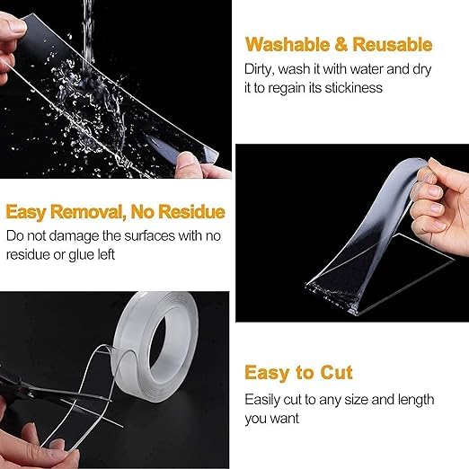 Double Sided Tape Heavy Duty – Nano Gel Grip Tape, Clear Removable Adhesive Wall Tape, Reusable Mounting Tape for Poster, Photo, Carpet, Kitchen (Washable, Transparent, Strong Hold)
