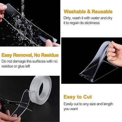 Double Sided Tape Heavy Duty – Nano Gel Grip Tape, Clear Removable Adhesive Wall Tape, Reusable Mounting Tape for Poster, Photo, Carpet, Kitchen (Washable, Transparent, Strong Hold)