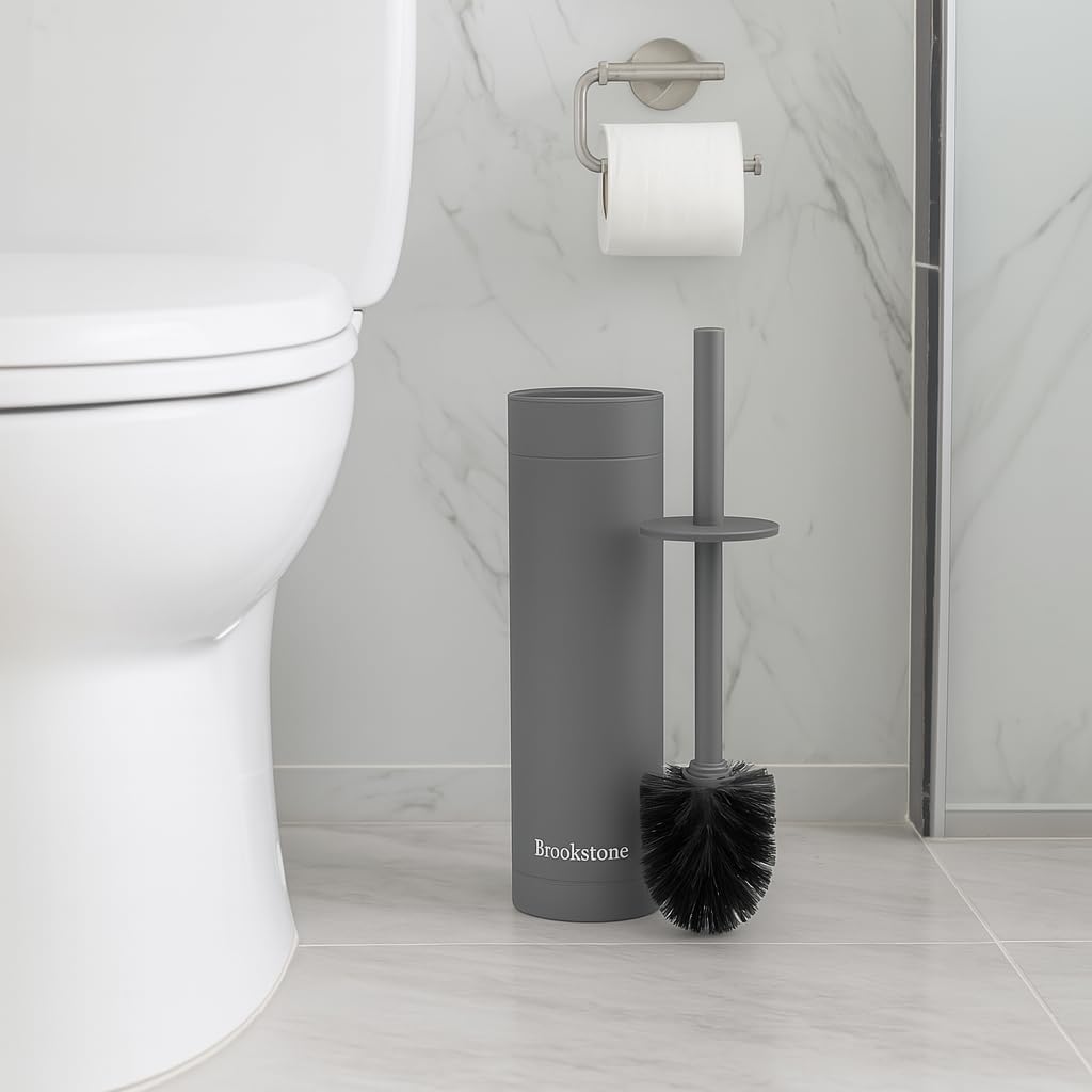 BROOKSTONE Toilet Brush and Holder Set for Bathroom with Splash Guard for Deep Cleaning, Compact and Space Saving Stylish Toilet Bowl Cleaners, Chrome