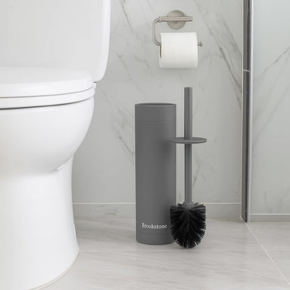 BROOKSTONE Toilet Brush and Holder Set for Bathroom with Splash Guard for Deep Cleaning, Compact and Space Saving Stylish Toilet Bowl Cleaners, Chrome