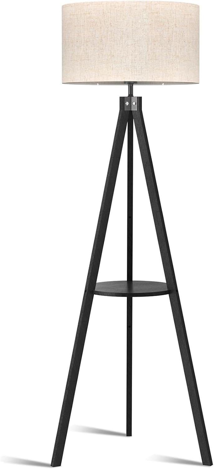 LEPOWER Tripod Floor Lamp, Mid Century Wood Standing Lamp, Modern Design Shelf Floor Lamp for Living Room, Bedroom, Office, Flaxen Linen Shade with E26 Base Brown