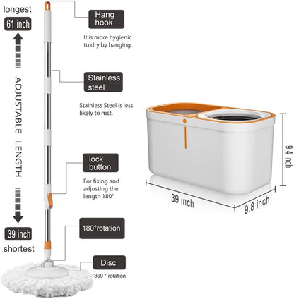 Floor Spin Mop and Bucket Set with Wringer System Extended Stainless Steel Handle 61＂for Home Floor Cleaning Use with 5 Replacement Head Refill and 1 Cleaning Brush Head