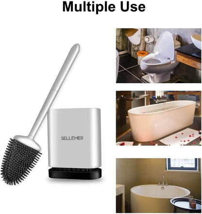 Sellemer Toilet Brush and Holder Set - Flexible Toilet Bowl Brush Head with Silicone Bristles, Compact Size for Storage and Organization, Ventilation Slots Base (1 Pack, Silver)