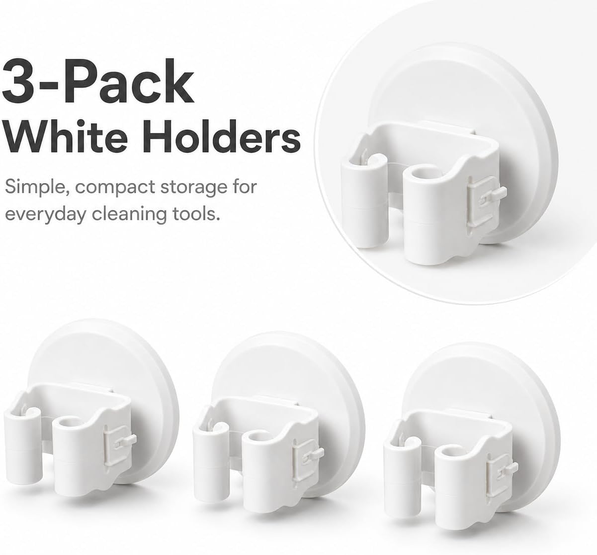 Broom and Mop Holder, Wall Mounted Round Clips, White ABS, No Drill Adhesive, 3 Pieces, Cleaning Tool Organizer for Kitchen, Bathroom, Garage