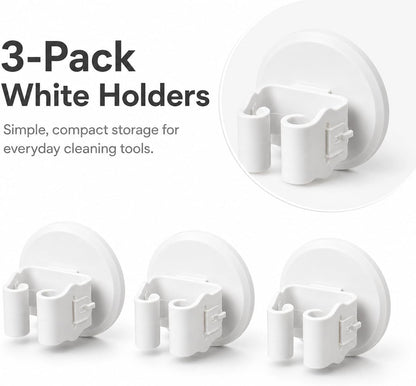 Broom and Mop Holder, Wall Mounted Round Clips, White ABS, No Drill Adhesive, 3 Pieces, Cleaning Tool Organizer for Kitchen, Bathroom, Garage