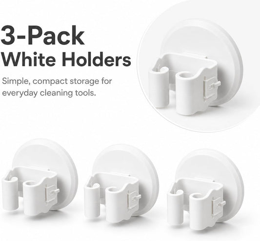 Broom and Mop Holder, Wall Mounted Round Clips, White ABS, No Drill Adhesive, 3 Pieces, Cleaning Tool Organizer for Kitchen, Bathroom, Garage