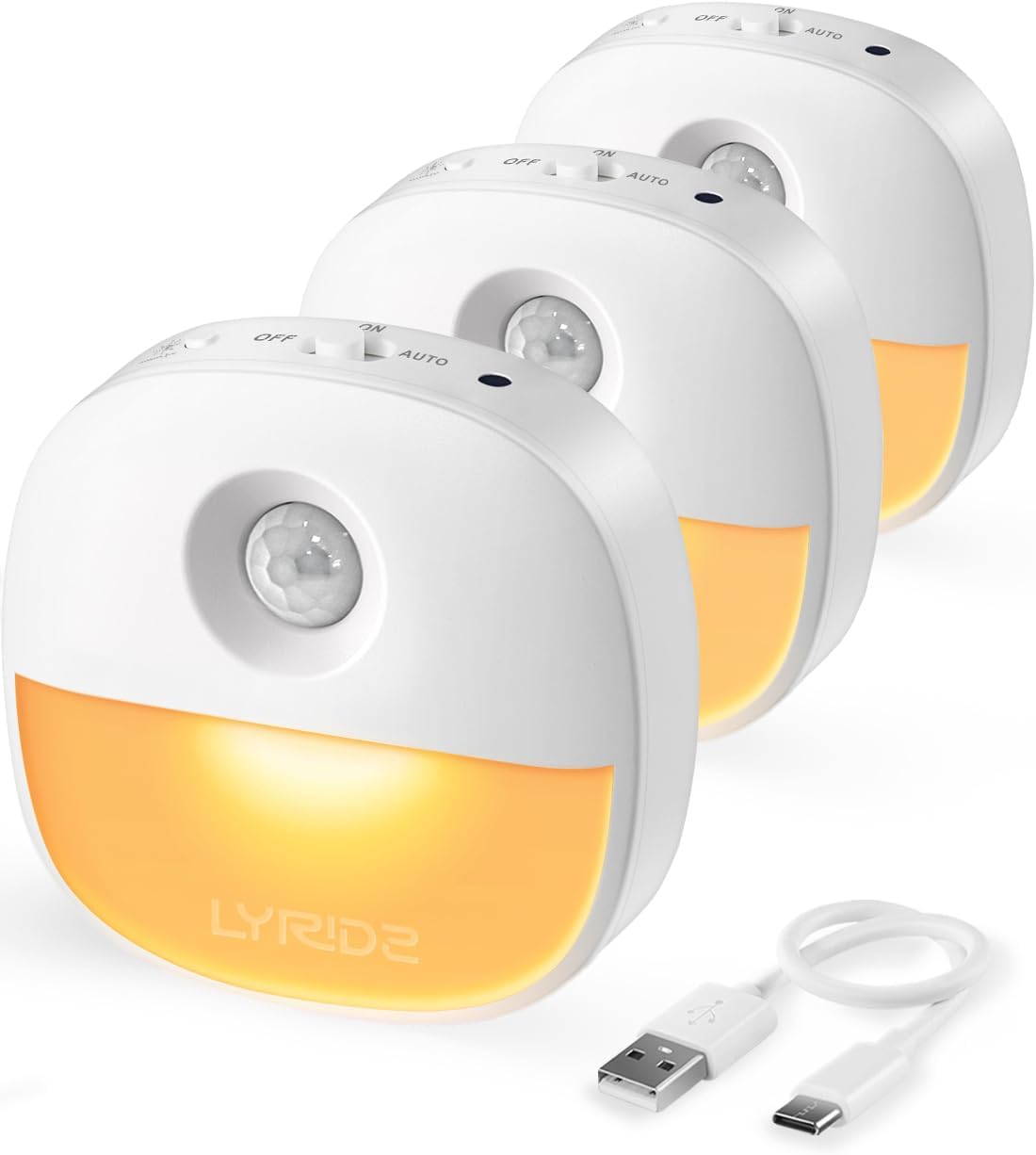 Lyridz Rechargeable Night Light, Motion Sensor Battery Nightlight, Mini Stick-on LED Closet Light, 1-20LM Dimmable Brightness for Bathroom, Bedroom, Kitchen, Washroom, Stairs, Hallway, 3-Pack