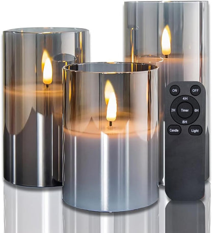 Battery Operated Flameless Candles with Remote Timer Real Wax Realistic Bright Flicker Flickering Electric Electronic LED Pillar Lights Home Wedding Party Decorations Set of 3 Rustic Texture Gray Grey
