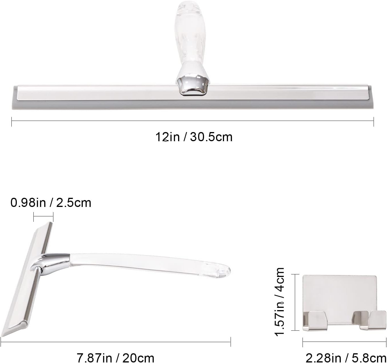 Ettori Shower Squeegee Clear Glass Wall Cleaner Stainless Steel with Suction Storage Hook -10'', Chrome