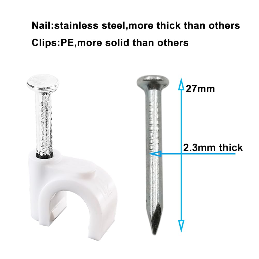 HS 7mm Ethernet Cat6 Cable Clips Clamps RG6 with Steel Nail (200 Pack) Wire Clips Black for Wall,Cord Management