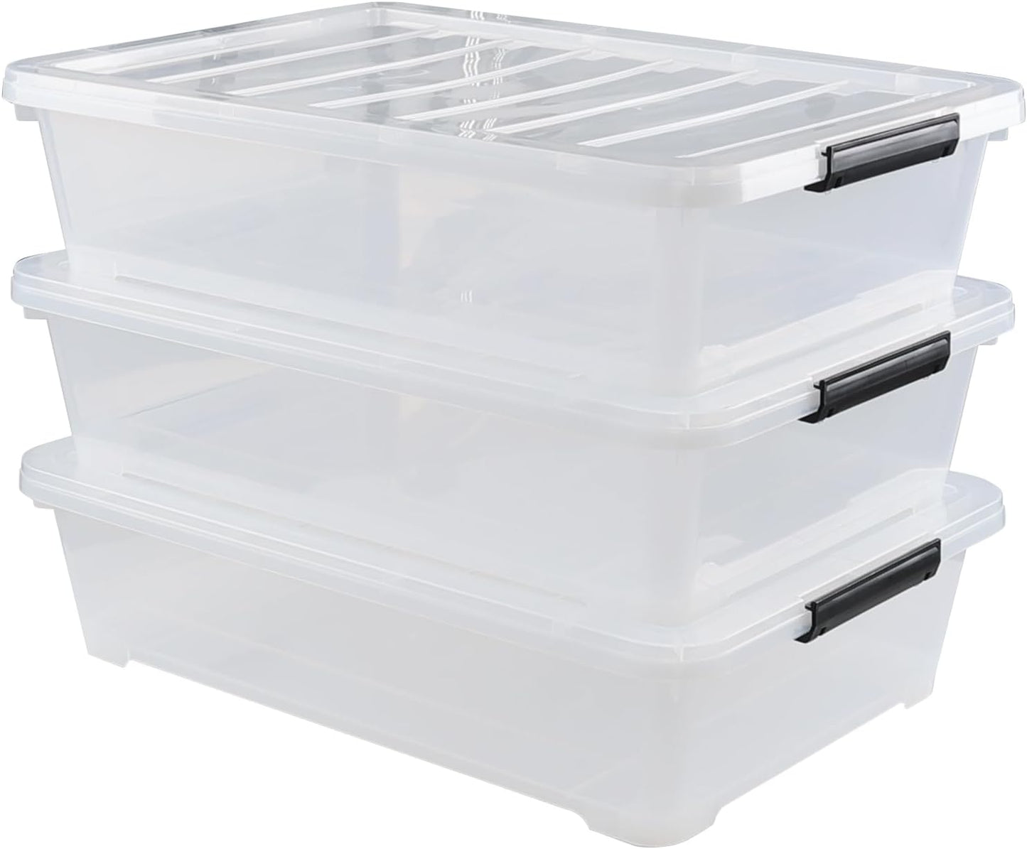 Gloreen 3 Pack Large Under Bed Storage Boxes with Wheels, 50 Quart Clear Plastic Lidded Storage Bins