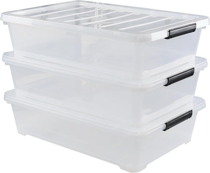 Gloreen 3 Pack Large Under Bed Storage Boxes with Wheels, 50 Quart Clear Plastic Lidded Storage Bins