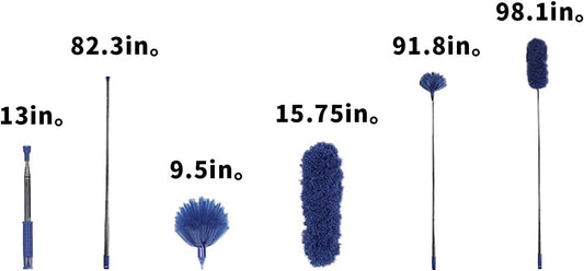 ZZ LAZYCOTTAGE Cobweb Duster with ExtensionPole, Washable Cleaning Duster Kit with 2 DusterHeads, Cobweb Duster, Corner Brush, Telescoping Pole for Ceiling Fan (Blue)