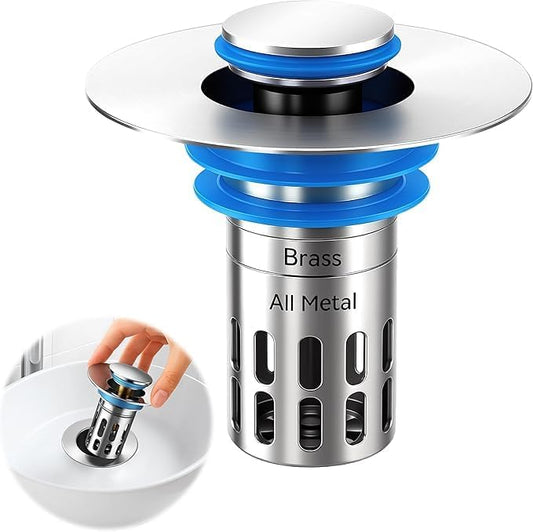 2pack All Metal - Bathroom Sink Stopper,Universal Pop Up Bathroom Sink Drain Strainer with Removable Stainless Steel Filter Basket Hair Catcher, Sink Plug for 1.05''~1.8'' Basin.