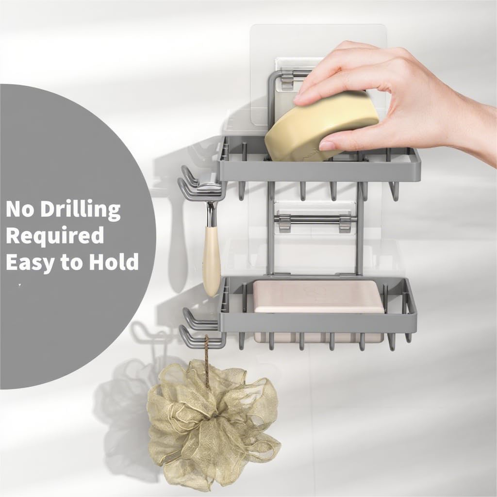 Moforoco Double Soap Bar Holder for Shower, No Drilling, 304 Stainless Steel, Wall Mounted Soap Holder with 4 Hooks and Razor Holder, Shower Rack Soap Tray Bar Soap for Bathroom Accessories Organizer