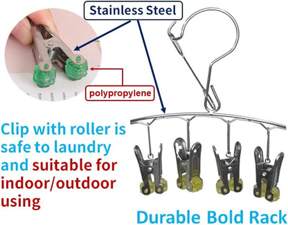 Quick Release Arc Stainless Steel Laundry Drying Rack with 8 Clips,Swivel Hook Wind-Proof Clothes Hanger Rack for Sock, Bras, Underwear, Laundry Accessories