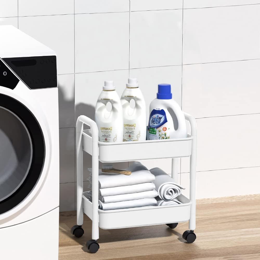 2-Tier Utility Rolling Cart Storage Sofa Side Table with Wheels, Mobile Trolley Organizer with for Office Home Kitchen Organization, Cream White