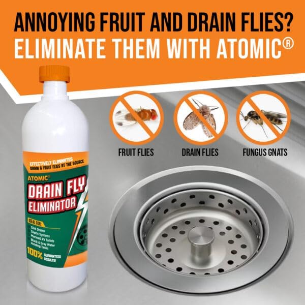 Generic Atomic Fruit and Drain Fly Treatment. Eliminates Drain, Sewer and Fruit Flies in All Drain Pipes, Sinks and Black Water Holding Tanks. 1 Gallon Concentrate.