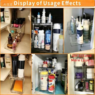 Yieach 4 Set Bathroom Organizers and Storage,2 Tier Clear Under Sink Organizer and Medicine Cabinet Organizer for Kitchen,Pantry Storage,Pull Out Drawers for Skincare,Pill Bottle,Spice Organization