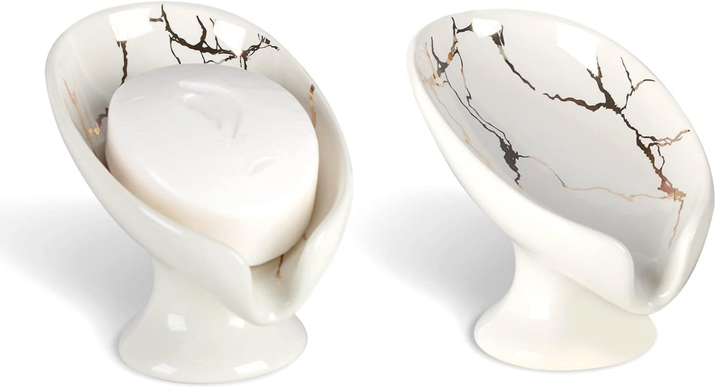 Small Soap Dish, Self Draining Bar Soap Holder for Bathroom Sink, Leaf Shaped Drainage Ceramic with Marble-Pattern Finish, Decorative Soap Dish, No Suction Cup, ANTIS'S HOME