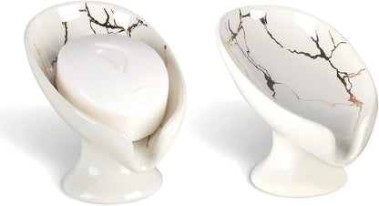 Small Soap Dish, Self Draining Bar Soap Holder for Bathroom Sink, Leaf Shaped Drainage Ceramic with Marble-Pattern Finish, Decorative Soap Dish, No Suction Cup, ANTIS'S HOME