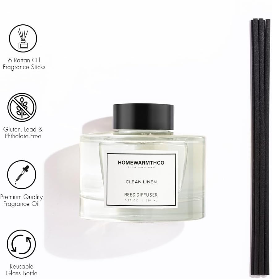 Clean Linen Reed Diffuser Set - Luxury Fragrance Reed Diffusers for Home. Office, Bathroom, Kitchen and Home Decor - Long-Lasting Scent with Non-Toxic Oils (5.63 oz, 160ml)