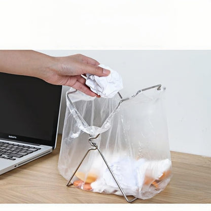 Tabletop Trash Bag Holder-Folding Stainless Steel Trash Bag Holder 11" Garbage Storage Metal Bracket for Countertop,Kitchen,Waste,Living Room,Dining Room,Bar Counter,Indoor Outdoor (Sliver)