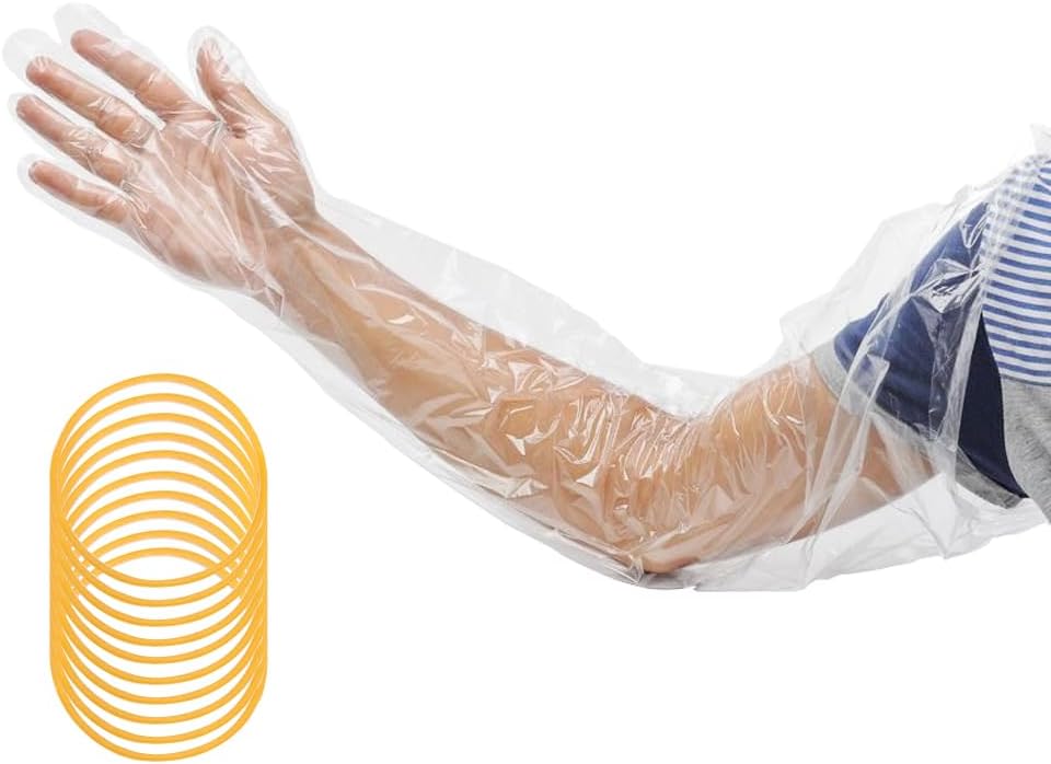 50 Pcs Disposable Long Gloves Full Arm Shoulder Length 35.5 Inch Plastic Dressing Gutting Gloves for Field Dressing House Cleaning Gardening (Come with 20 Free Rubber Bands)