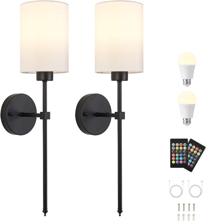 Battery Operated Wall Sconces Set of Two,Wireless Rechargeable Wall Light With Remote Control, Dimmable, Amber Light/Warm White/Natural White/Daylight/RGB, Timer,for Living Room,Bedroom,Entryway,Gold