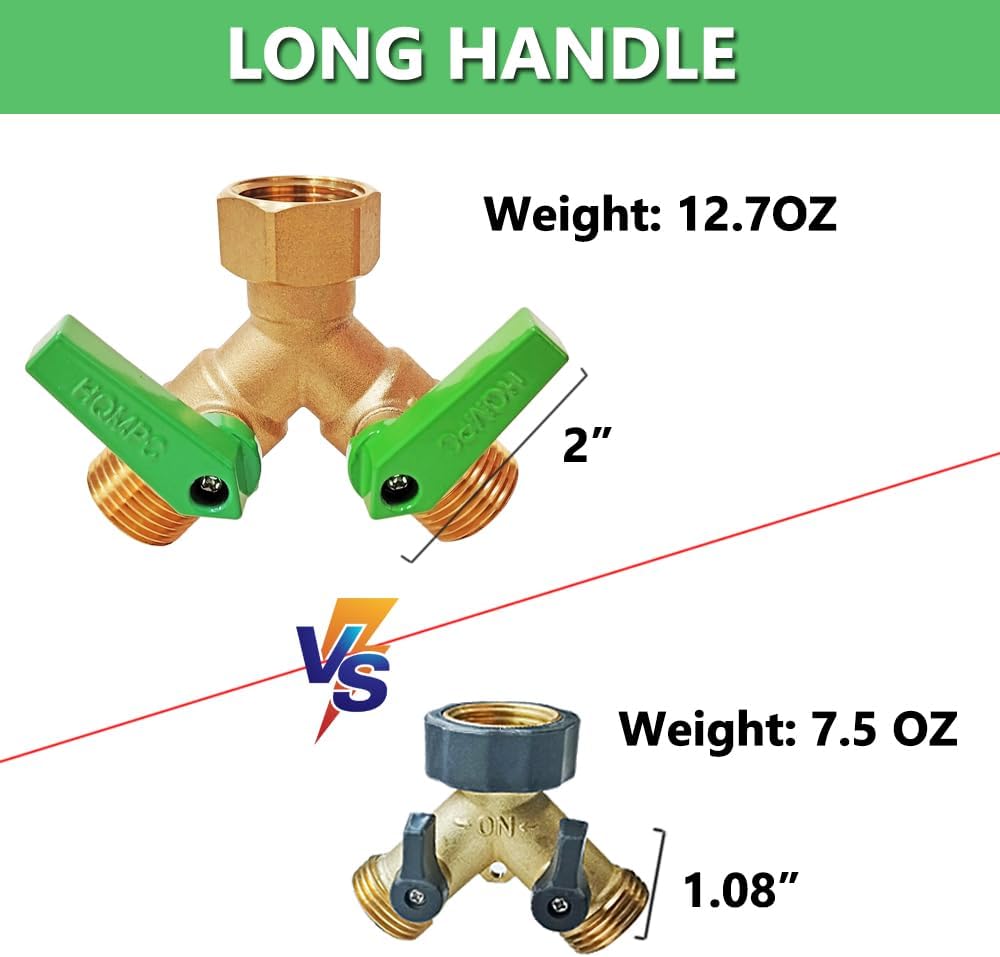 HQMPC Garden Hose Y Valve Splitter With Metal Long Handle Brass Hose Splitter Big Water Flow Hole- Spigot Splitter 2 way 3/4" GHT Thread