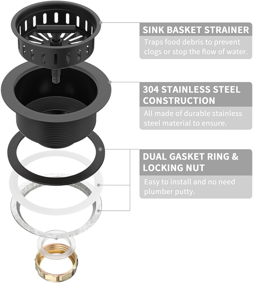 KONE 3-1/2 Inch Kitchen Sink Drain Strainer Assembly Made by All Stainless Steel with Strainer Basket/Drain Stopper, Replacement for Standard Commercial Drains