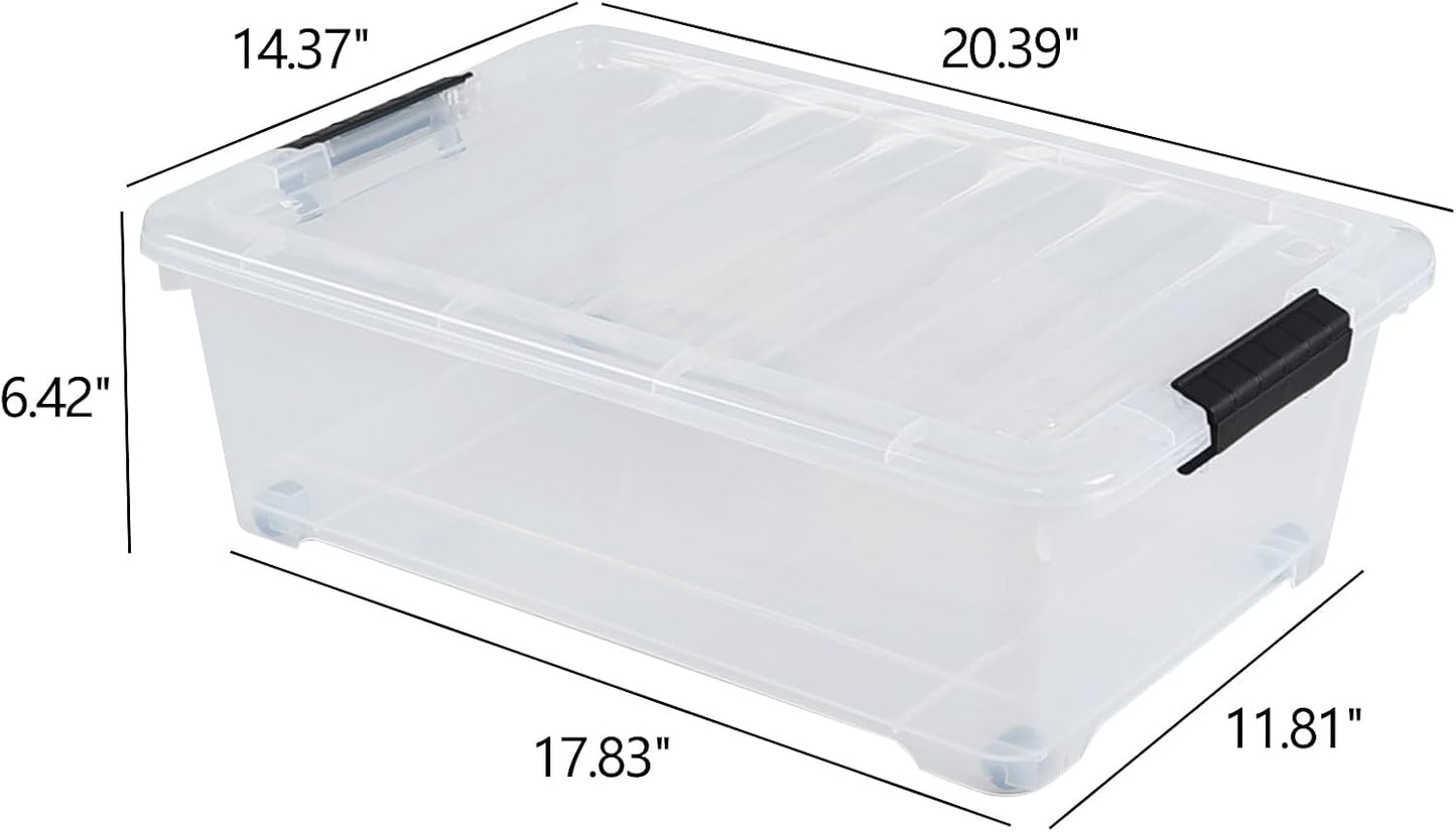 Hespama 3 Pack Plastic Rolling Storage Box Bin for Under the Bed, 20 Quart | Lidded Storage Container Bin, Clear
