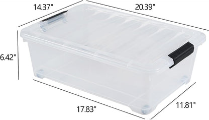 Hespama 3 Pack Plastic Rolling Storage Box Bin for Under the Bed, 20 Quart | Lidded Storage Container Bin, Clear