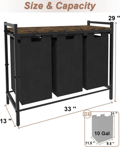 10 x 3 Gal Large Laundry Hamper with 3 Pull-Out & Removable Sorter Bags, Freestanding Clothes Basket Organizer for Clothing or Toys in Bathroom and Living Room, Rustic Brown and Black