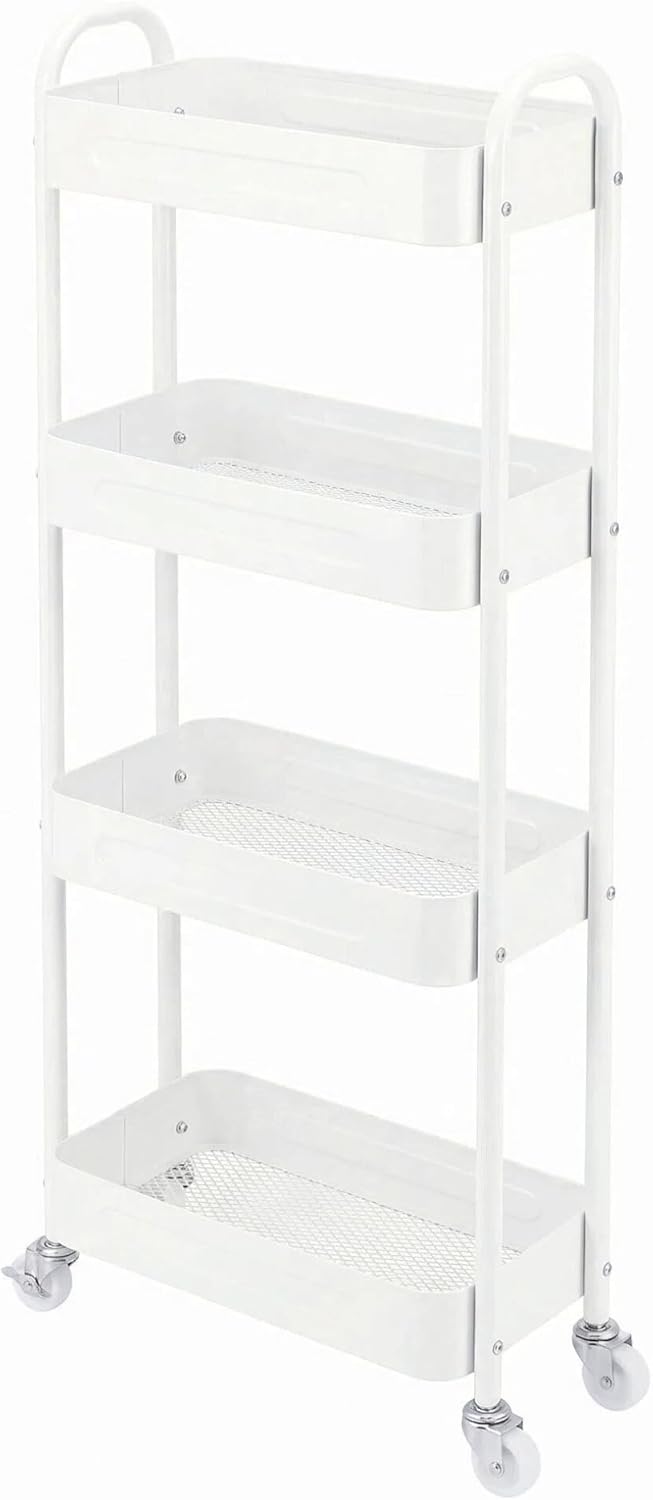 3 Tier Slim Metal Rolling Storage Cart for Laundry Room & Kitchen Organizer, 7.1'' Thin Standing Shelf for Narrow Spaces, Utility Cart with Wheels & Lockable Casters for Bathroom, Black